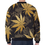 Gold Cannabis Leaf Pattern Print Zip Sleeve Bomber Jacket