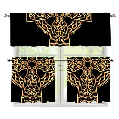 Gold Celtic Knot Cross Print 3 Piece Kitchen Curtains