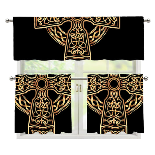 Gold Celtic Knot Cross Print 3 Piece Kitchen Curtains