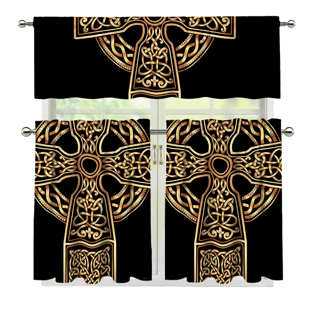Gold Celtic Knot Cross Print 3 Piece Kitchen Curtains