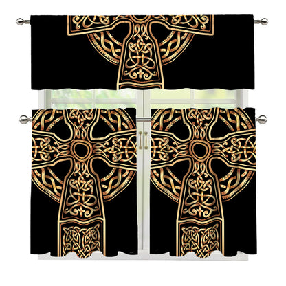 Gold Celtic Knot Cross Print 3 Piece Kitchen Curtains