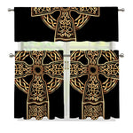 Gold Celtic Knot Cross Print 3 Piece Kitchen Curtains