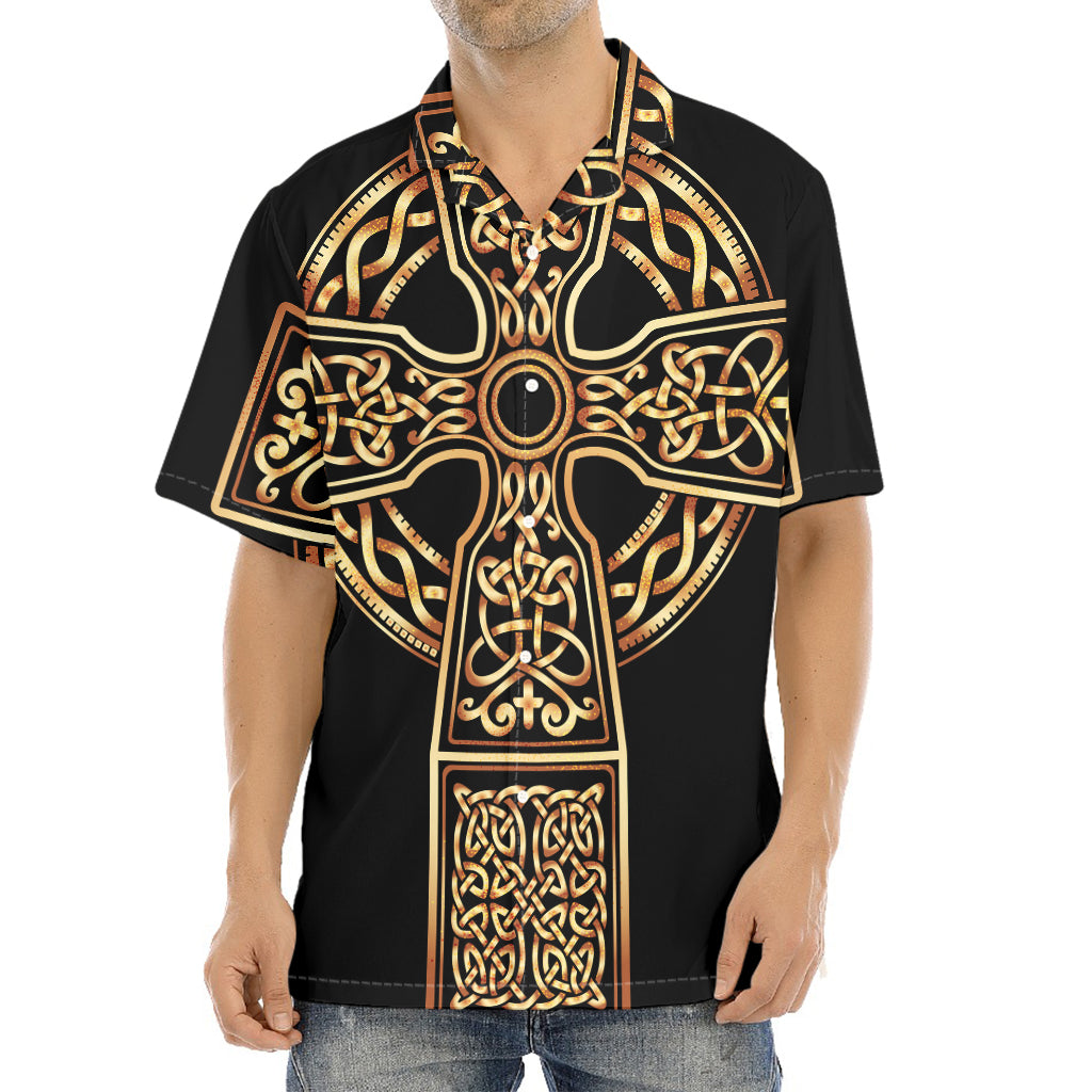 Gold Celtic Knot Cross Print Aloha Shirt