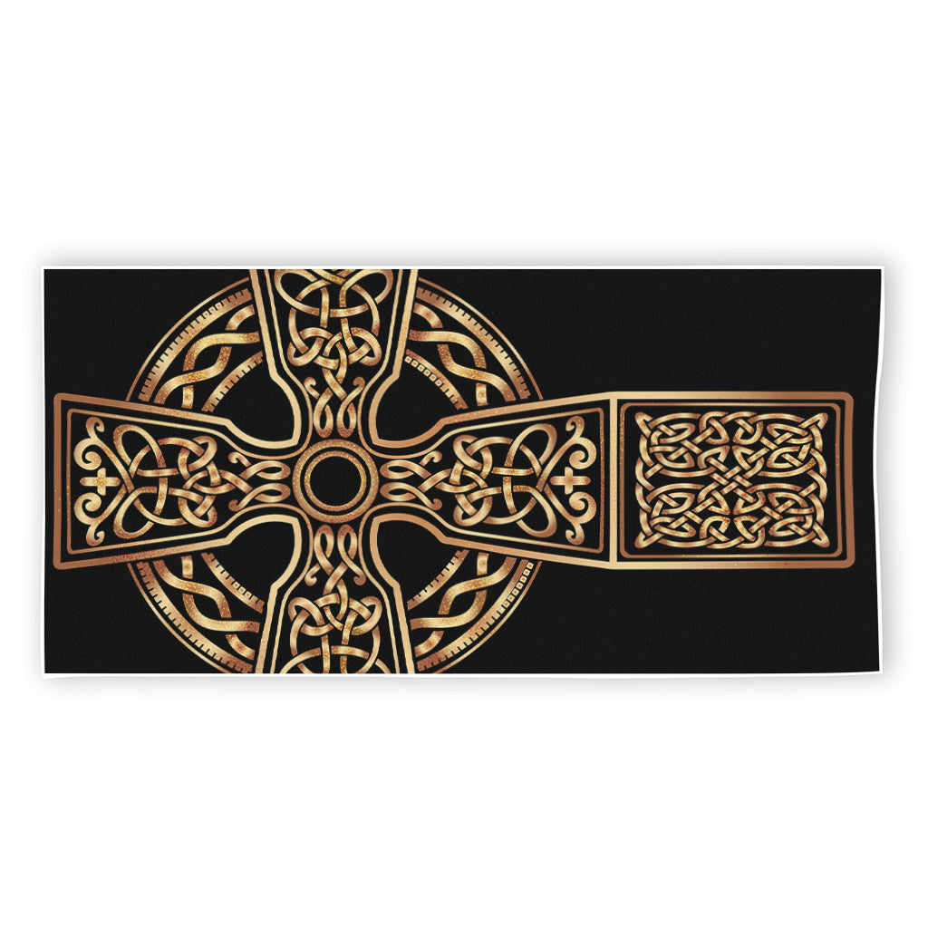 Gold Celtic Knot Cross Print Beach Towel