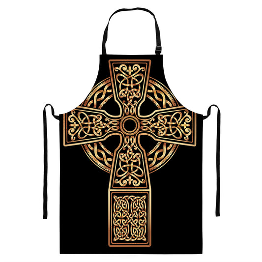 Gold Celtic Knot Cross Print Bib Apron With Pocket