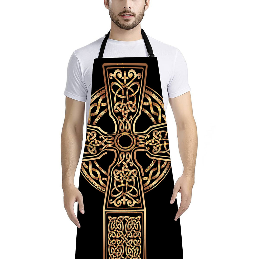 Gold Celtic Knot Cross Print Bib Apron With Pocket