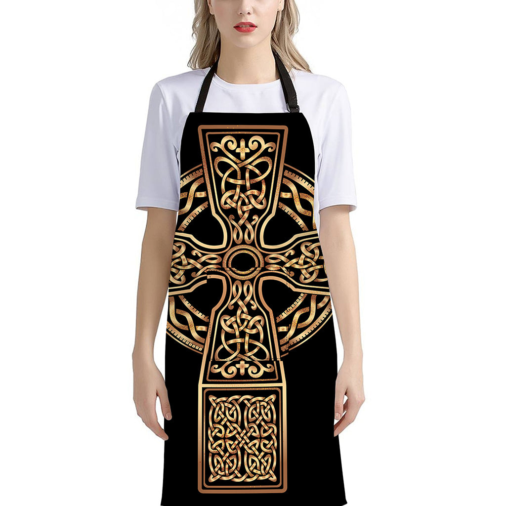 Gold Celtic Knot Cross Print Bib Apron With Pocket