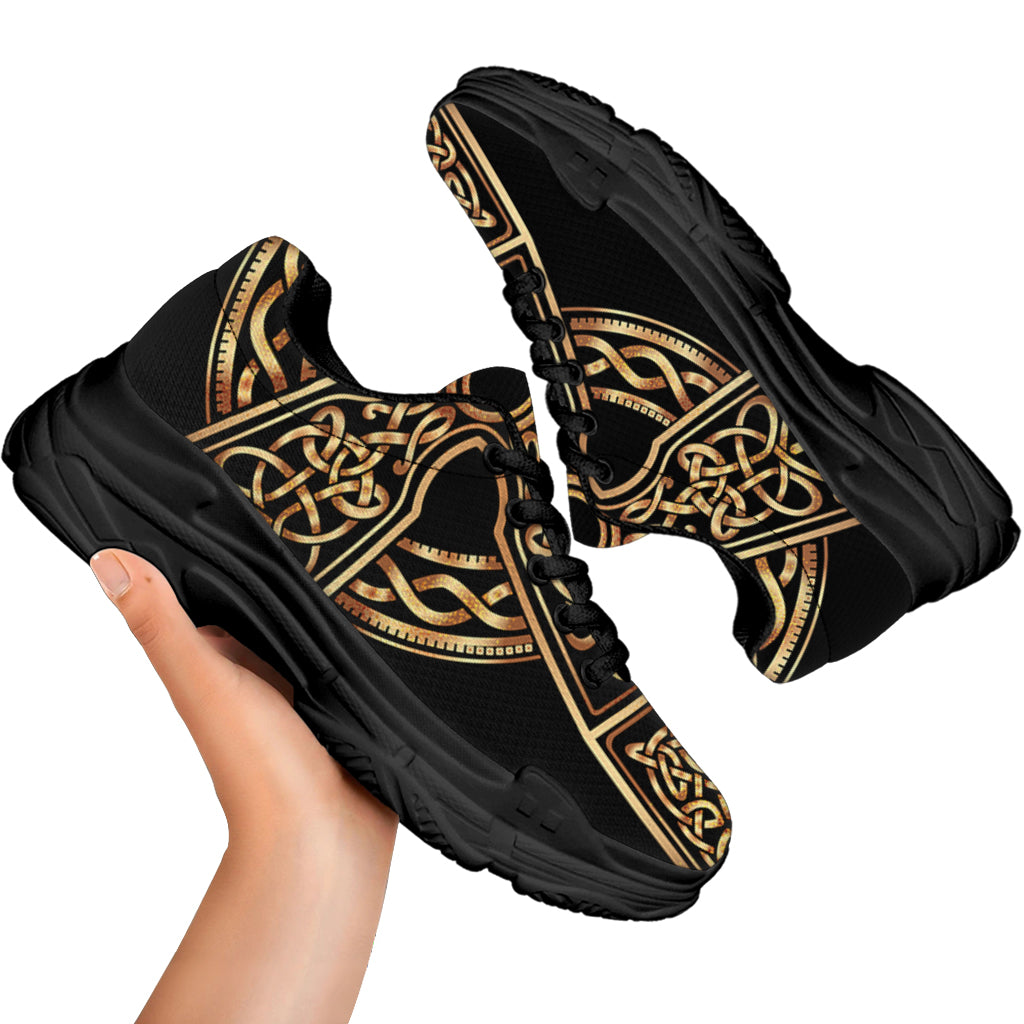 Gold Celtic Knot Cross Print Black Chunky Shoes