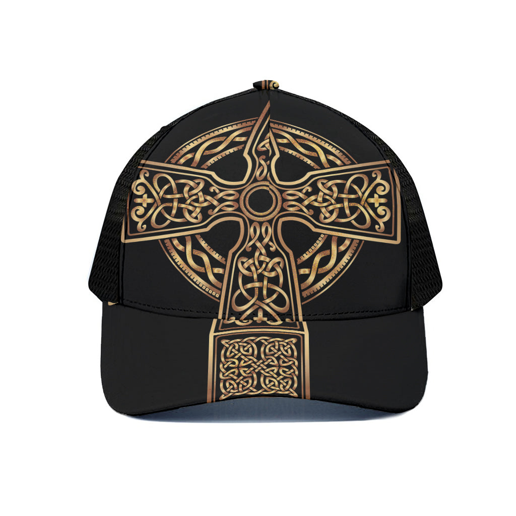 Gold Celtic Knot Cross Print Black Mesh Trucker Cap