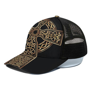 Gold Celtic Knot Cross Print Black Mesh Trucker Cap