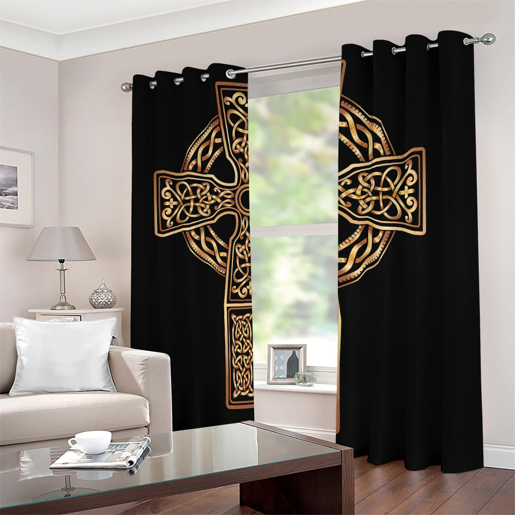 Gold Celtic Knot Cross Print Blackout Grommet Curtains