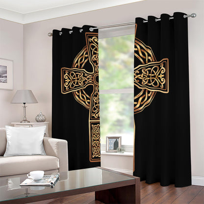 Gold Celtic Knot Cross Print Blackout Grommet Curtains