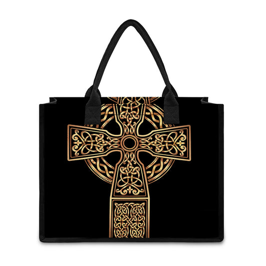 Gold Celtic Knot Cross Print Canvas Tote Bag