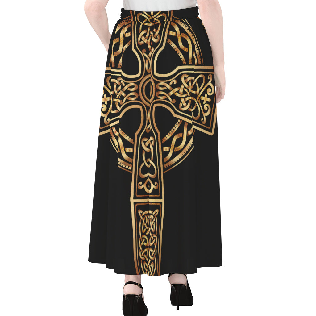 Gold Celtic Knot Cross Print Chiffon Maxi Skirt