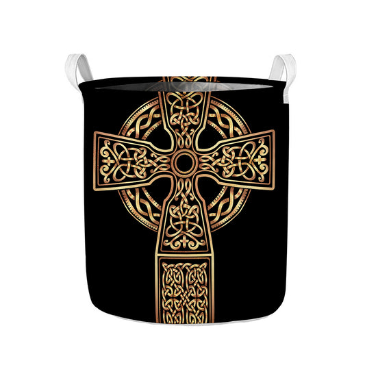Gold Celtic Knot Cross Print Collapsible Laundry Basket