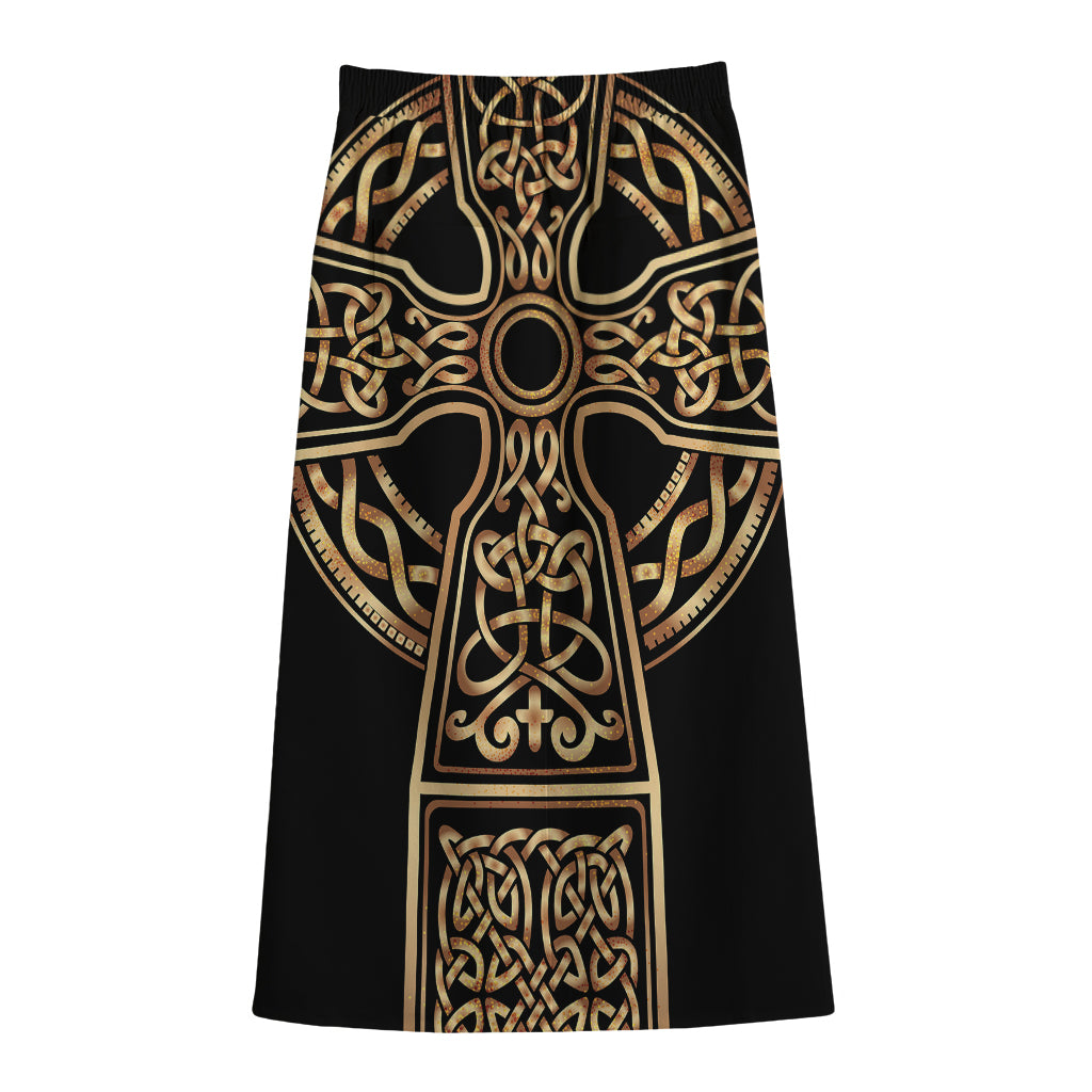 Gold Celtic Knot Cross Print Cotton Front Slit Maxi Skirt