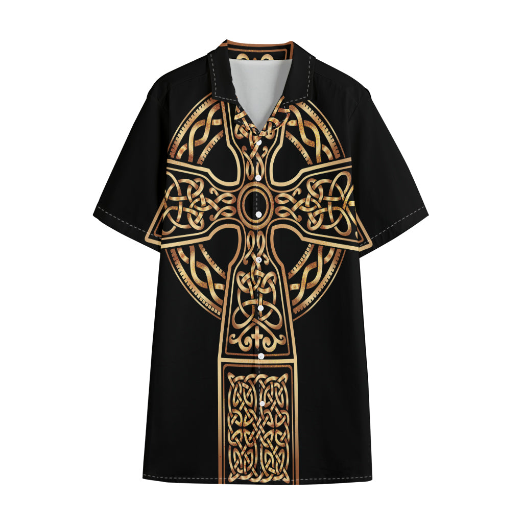 Gold Celtic Knot Cross Print Cotton Hawaiian Shirt