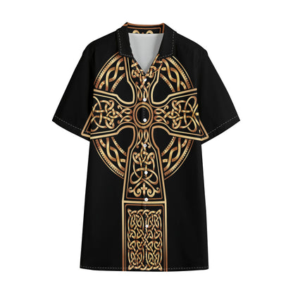 Gold Celtic Knot Cross Print Cotton Hawaiian Shirt