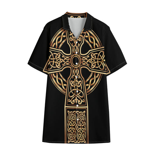 Gold Celtic Knot Cross Print Cotton Hawaiian Shirt