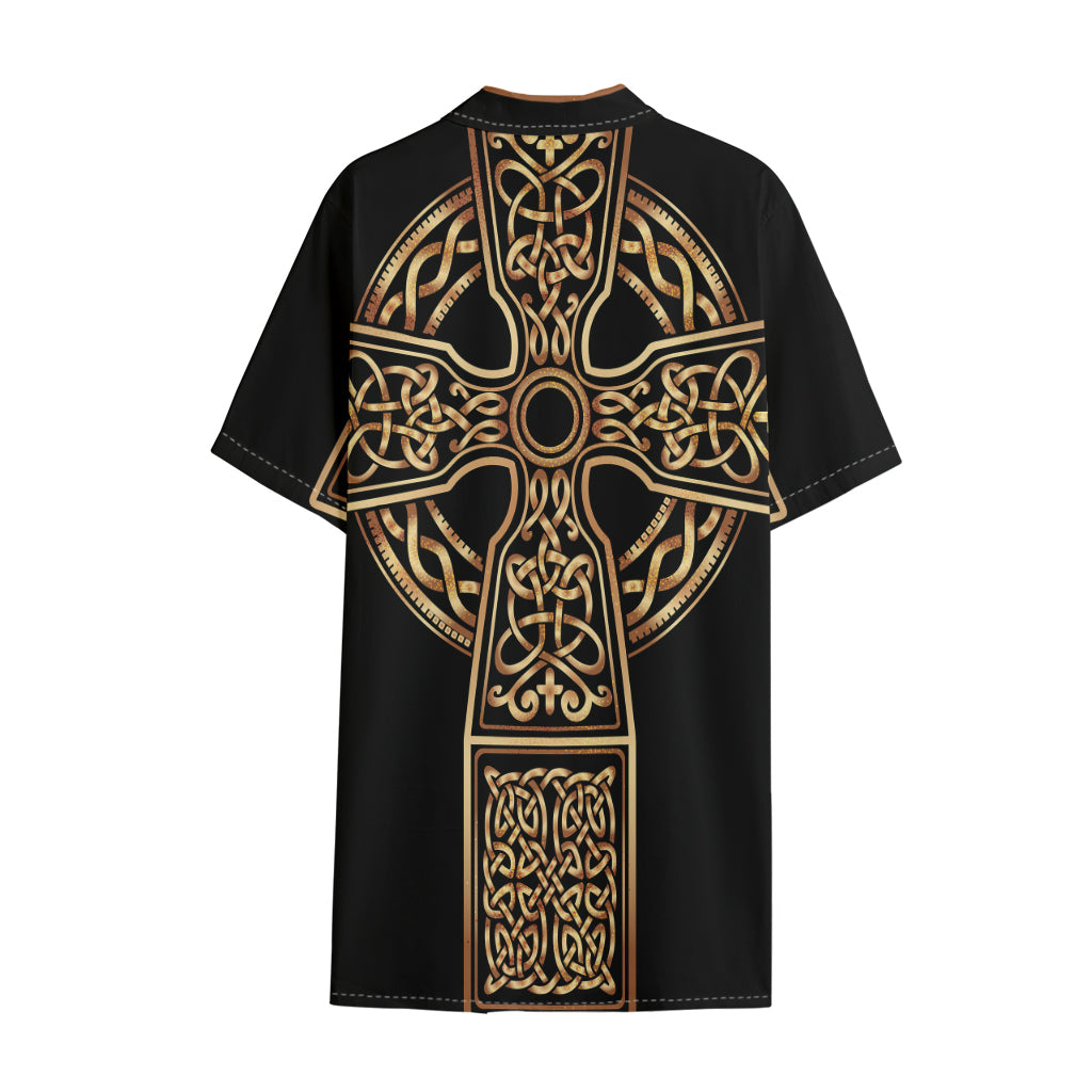 Gold Celtic Knot Cross Print Cotton Hawaiian Shirt