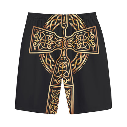 Gold Celtic Knot Cross Print Cotton Shorts
