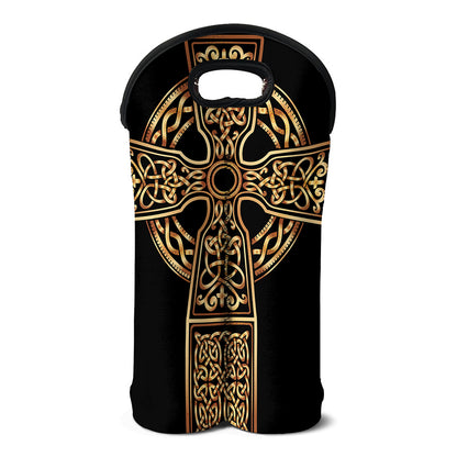 Gold Celtic Knot Cross Print Double Neoprene Wine Tote