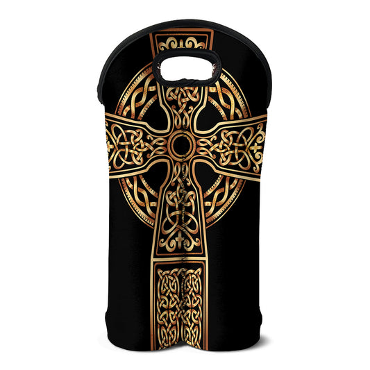 Gold Celtic Knot Cross Print Double Neoprene Wine Tote