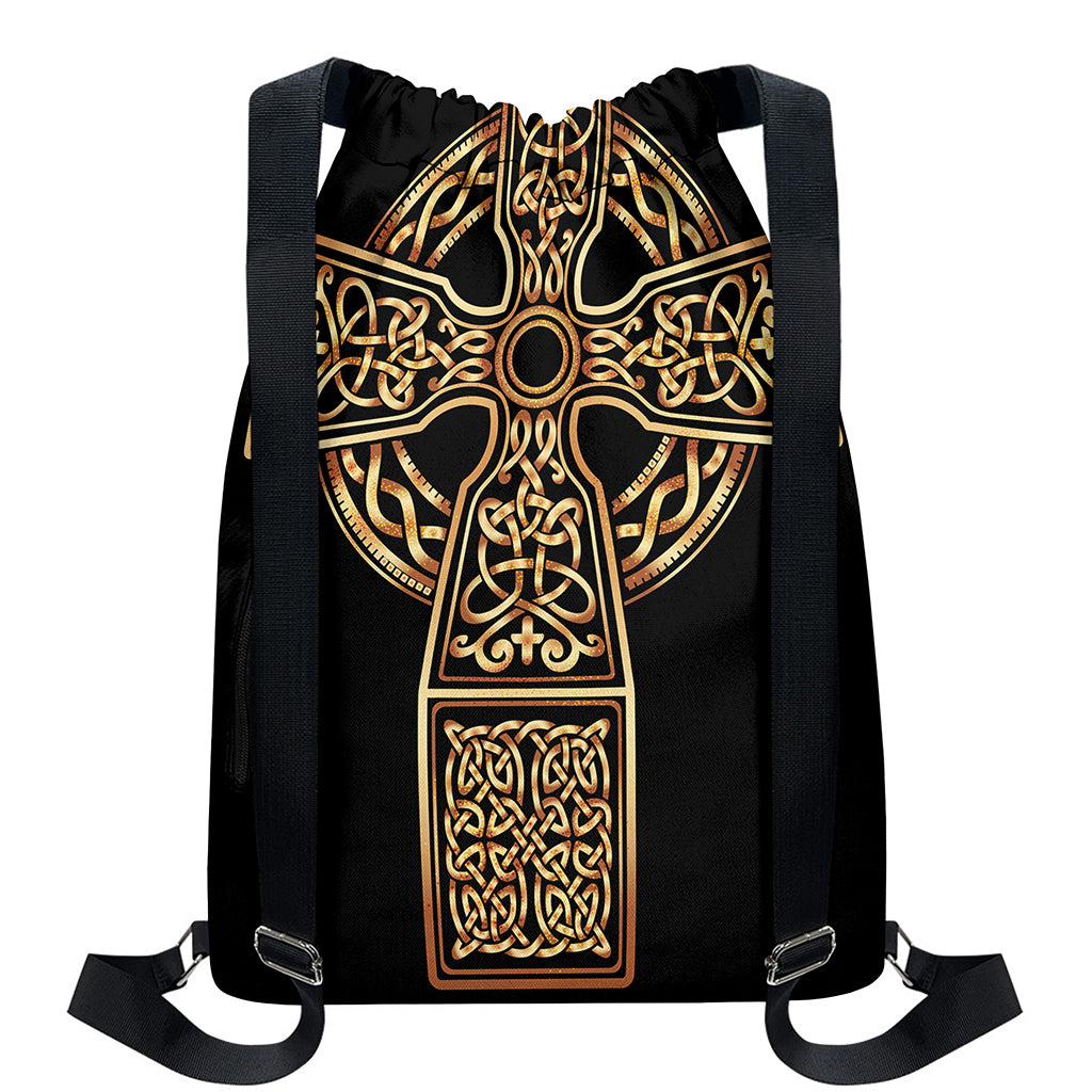 Gold Celtic Knot Cross Print Drawstring Backpack