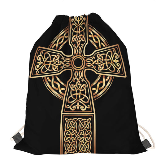 Gold Celtic Knot Cross Print Drawstring Bag