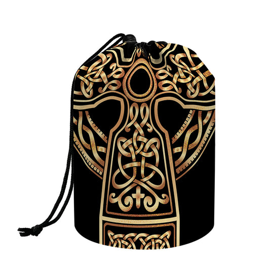 Gold Celtic Knot Cross Print Drawstring Makeup Bag