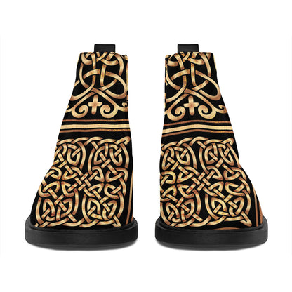Gold Celtic Knot Cross Print Flat Ankle Boots