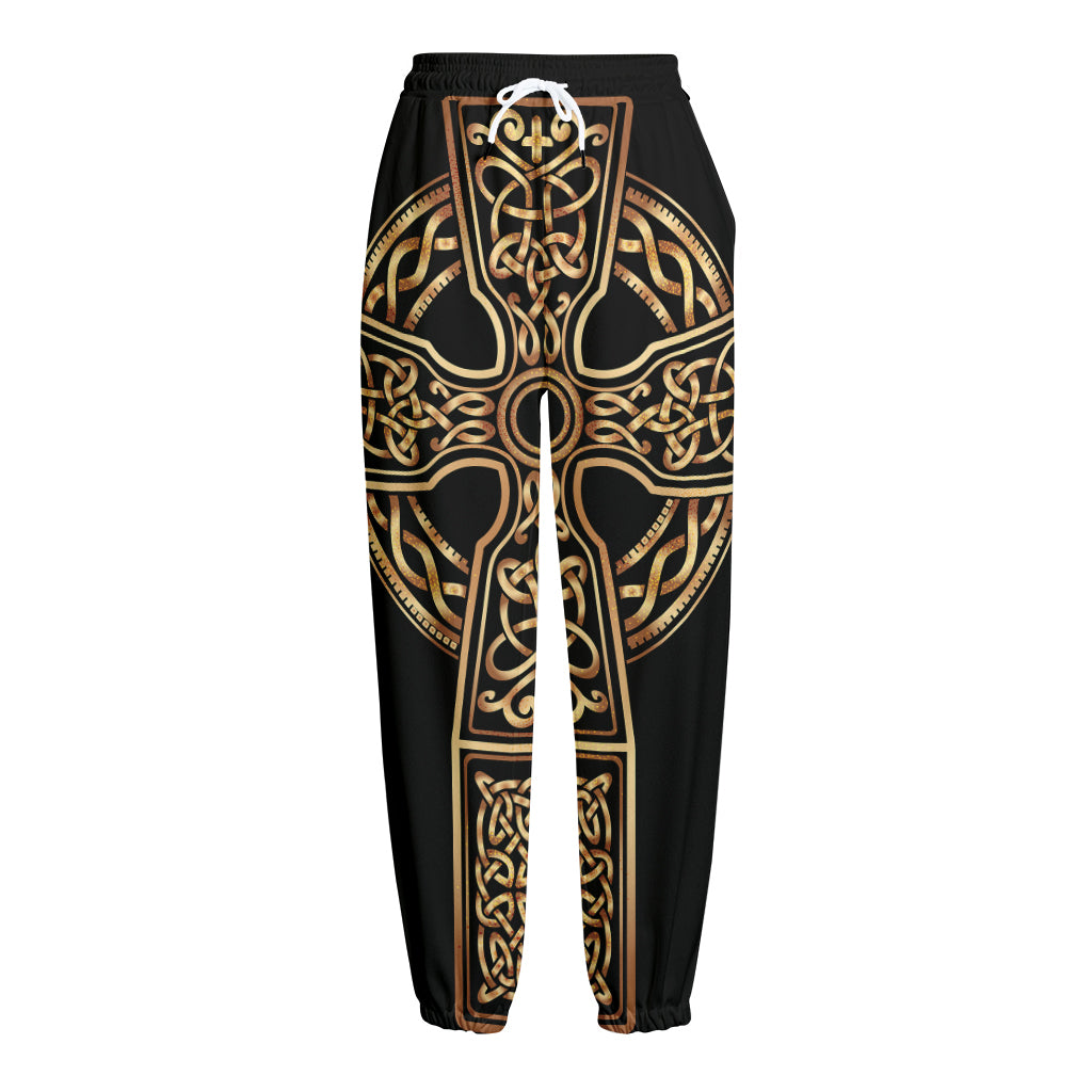 Gold Celtic Knot Cross Print Fleece Lined Knit Pants