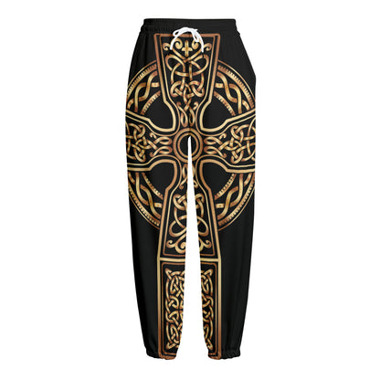 Gold Celtic Knot Cross Print Fleece Lined Knit Pants