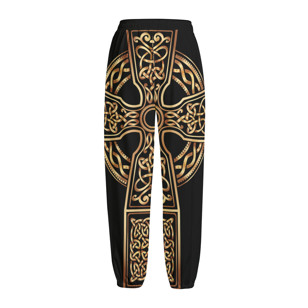 Gold Celtic Knot Cross Print Fleece Lined Knit Pants