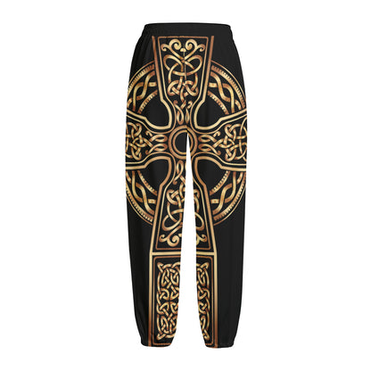 Gold Celtic Knot Cross Print Fleece Lined Knit Pants