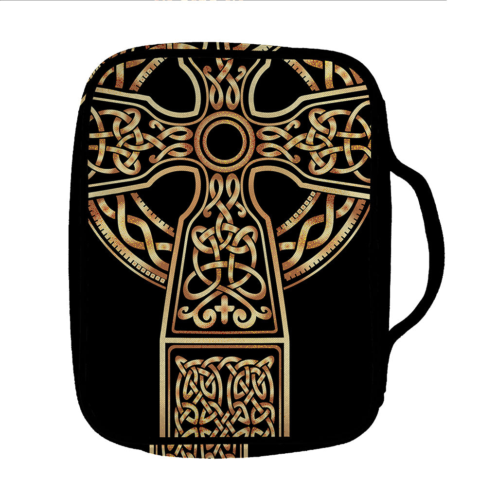 Gold Celtic Knot Cross Print Front Pocket Bible Bag