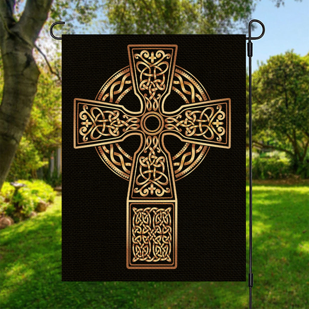 Gold Celtic Knot Cross Print Garden Flag