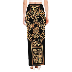 Gold Celtic Knot Cross Print High Slit Maxi Skirt