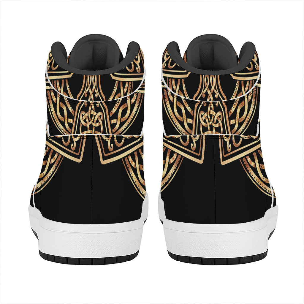 Gold Celtic Knot Cross Print High Top Leather Sneakers