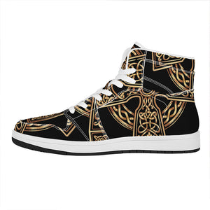 Gold Celtic Knot Cross Print High Top Leather Sneakers