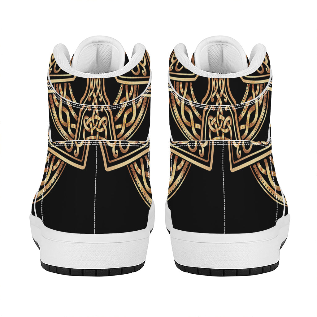 Gold Celtic Knot Cross Print High Top Leather Sneakers