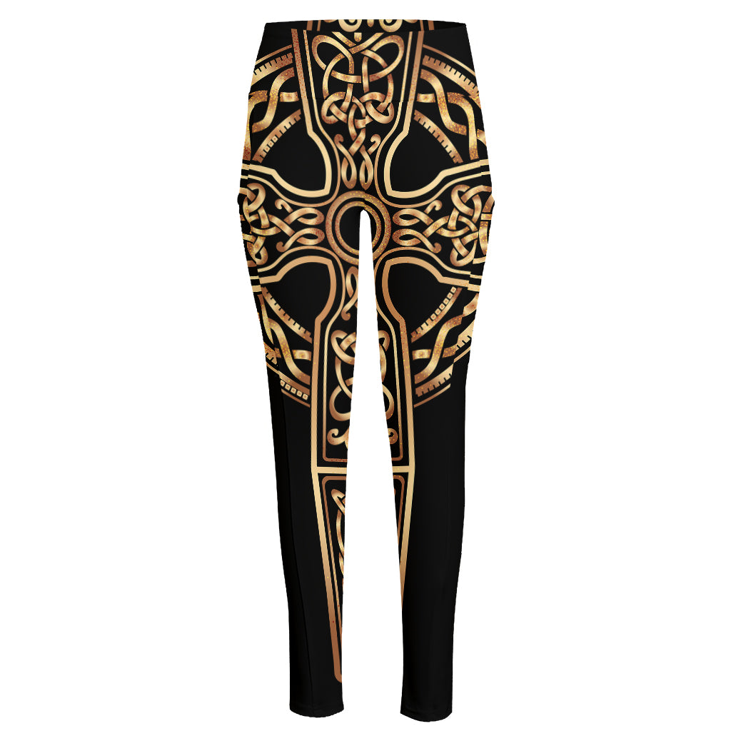 Gold Celtic Knot Cross Print High-Waisted Pocket Leggings