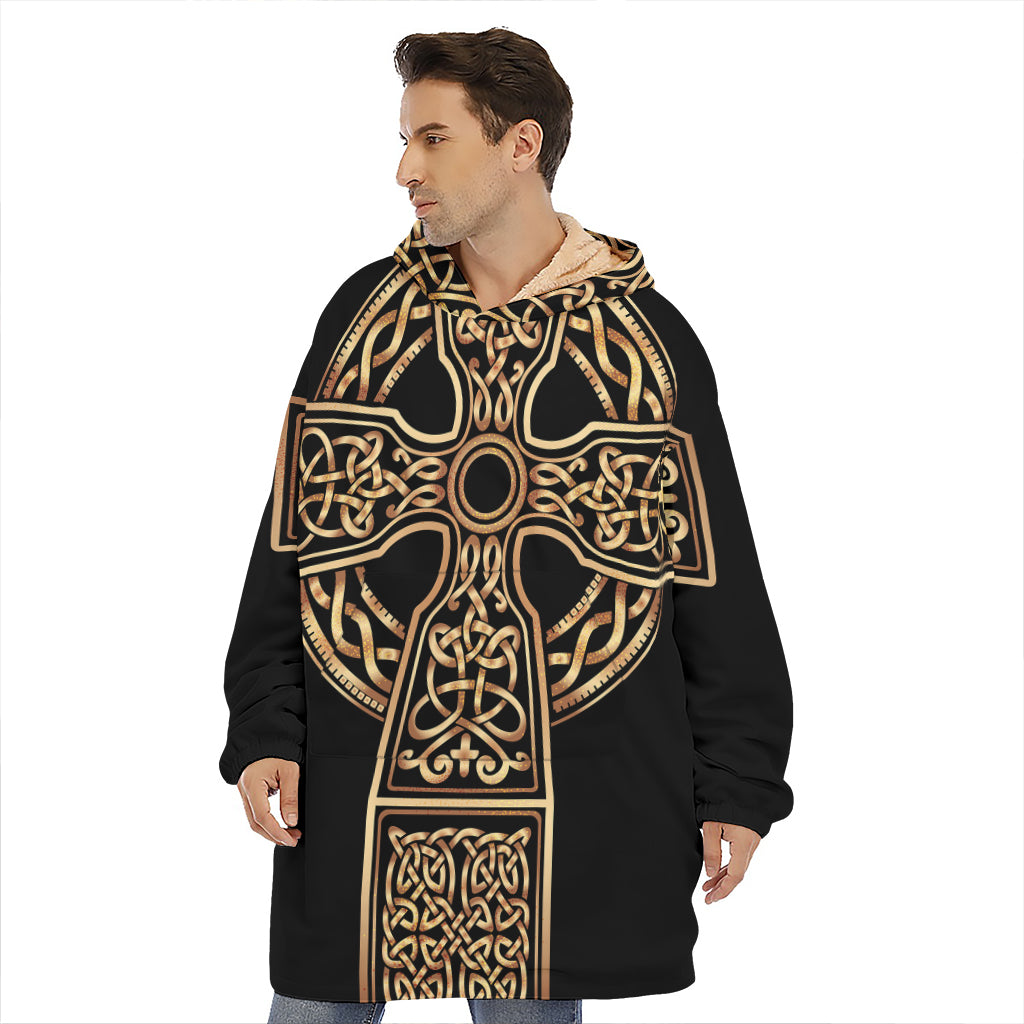 Gold Celtic Knot Cross Print Hoodie Blanket