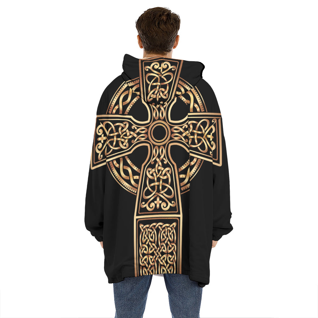 Gold Celtic Knot Cross Print Hoodie Blanket
