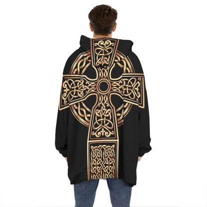Gold Celtic Knot Cross Print Hoodie Blanket