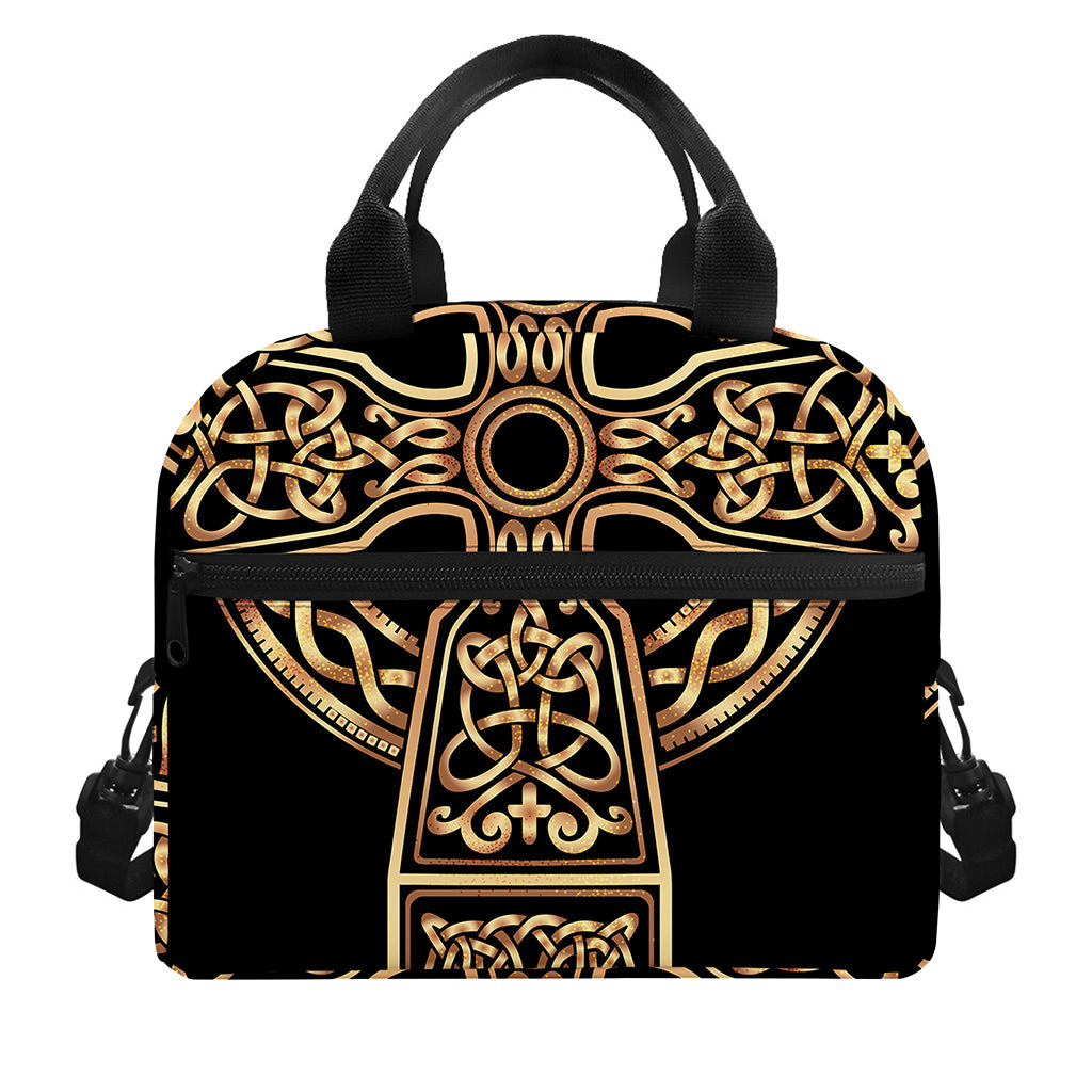 Gold Celtic Knot Cross Print Insulated Lunch Bag