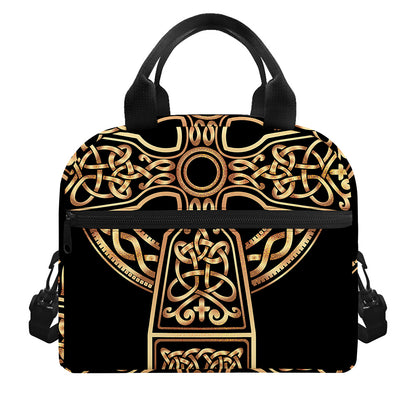 Gold Celtic Knot Cross Print Insulated Lunch Bag