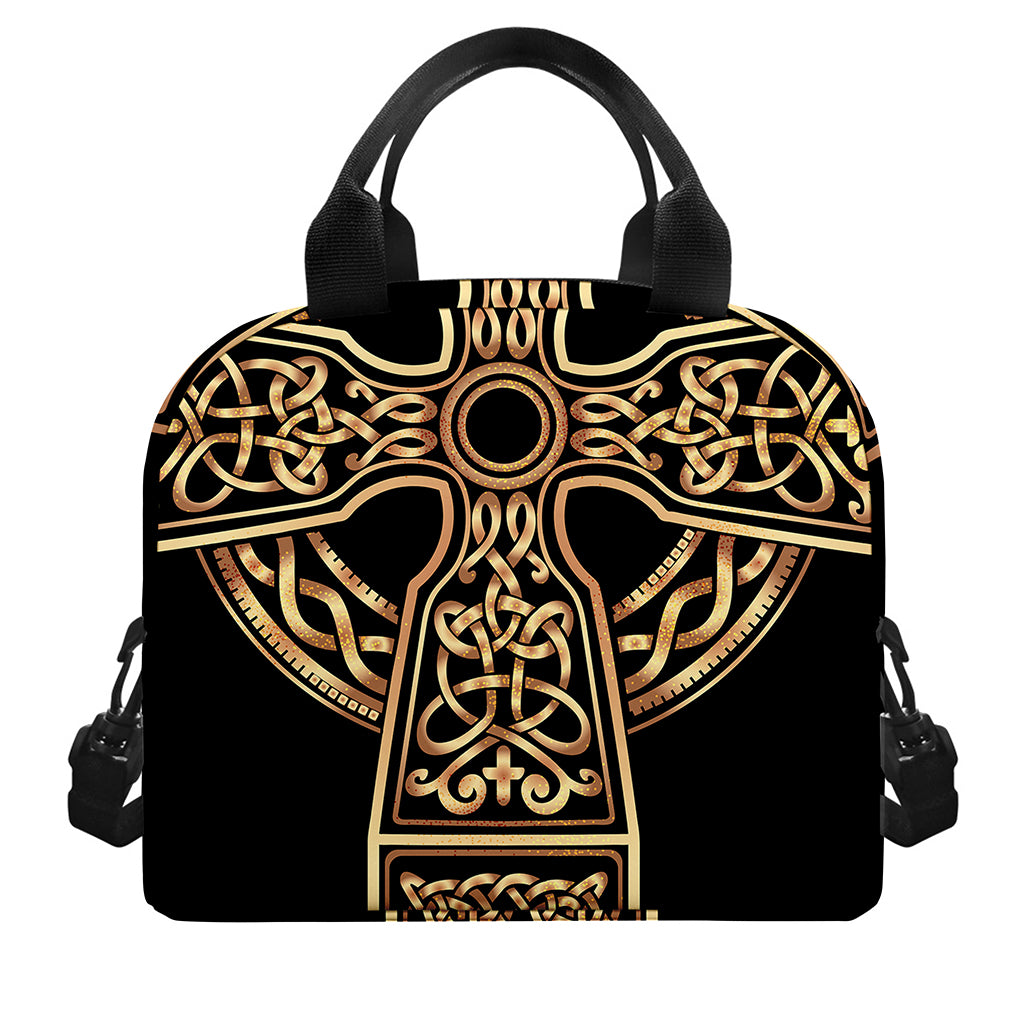 Gold Celtic Knot Cross Print Insulated Lunch Bag
