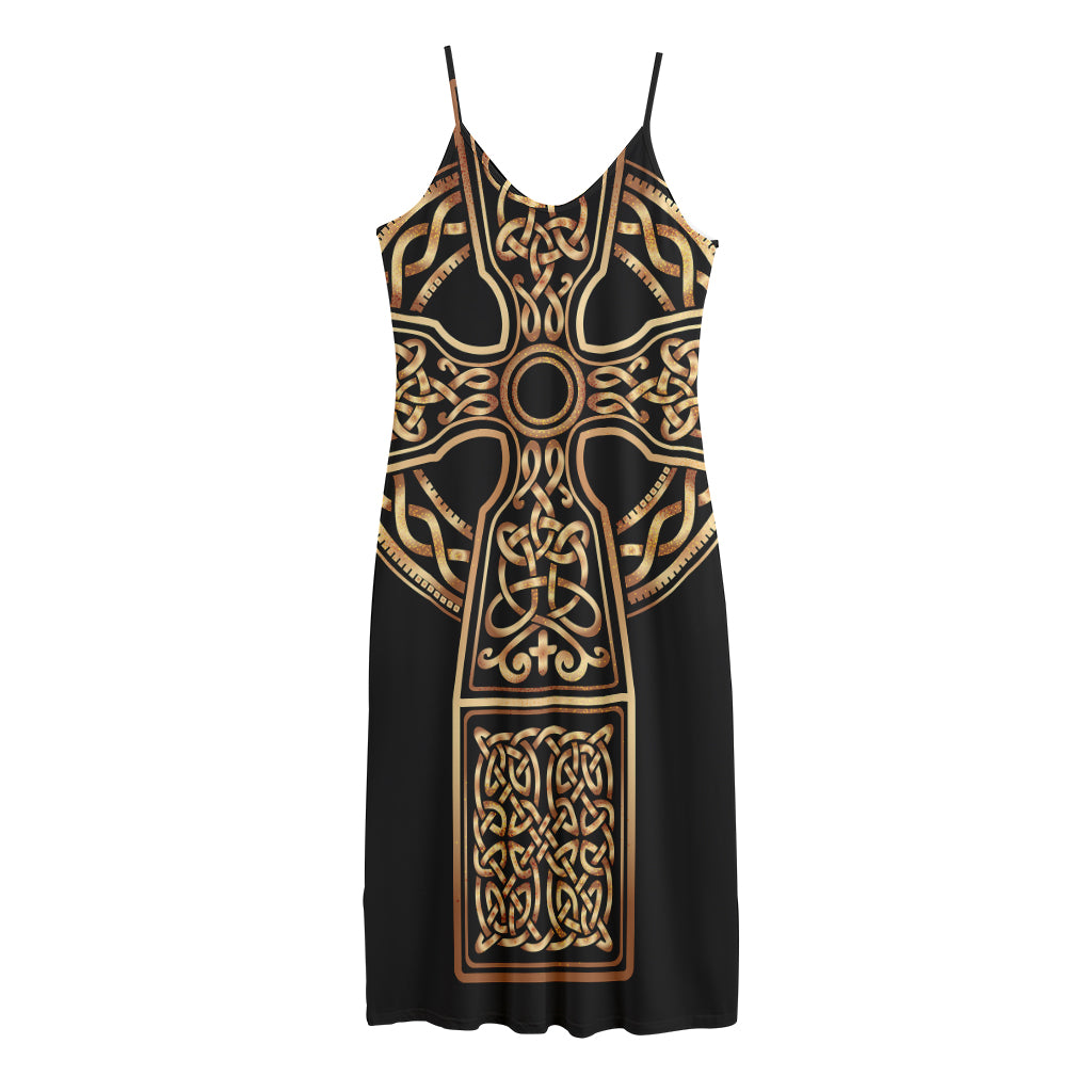 Gold Celtic Knot Cross Print Jersey Midi Cami Dress