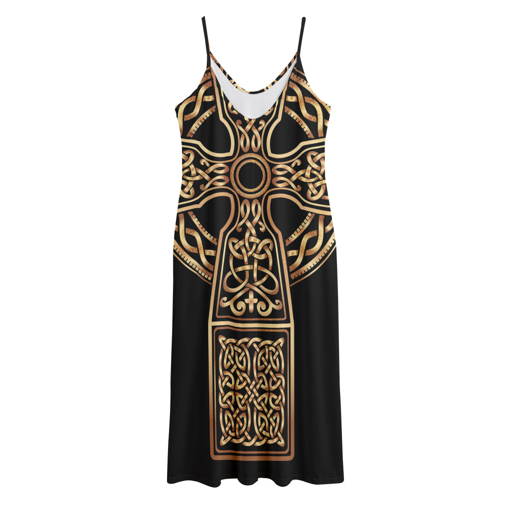 Gold Celtic Knot Cross Print Jersey Midi Cami Dress